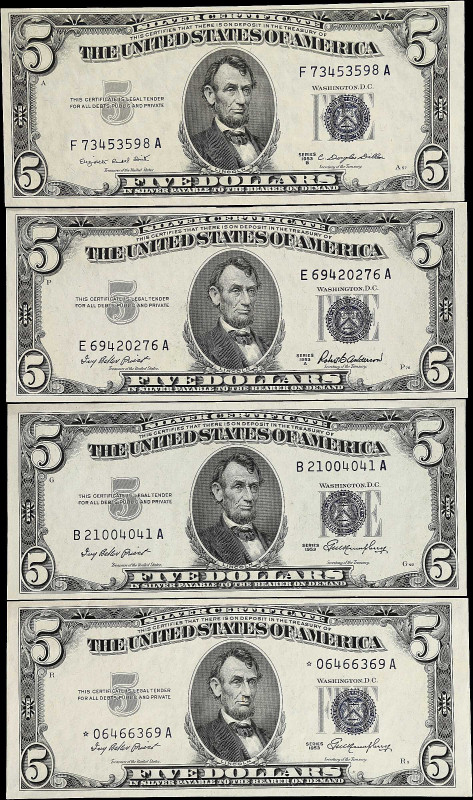 Lot of (4) Fr. 1706, 1706*, 1707 & 1708. 1953-53B $5 Silver Certificates. Choice...