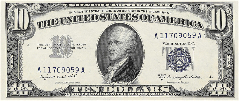Fr. 1708. 1953B $10 Silver Certificate. Choice Uncirculated.

A Choice Uncircu...
