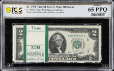 Pack of (100) Fr. 1935-E. 1976 $2 Federal Reserve Notes. Richmond. PCGS Banknote Gem Uncirculated 65 PPQ.

A full pack of bicentennial $2's from the...