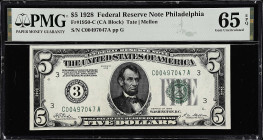 Fr. 1950-C. 1928 $5 Federal Reserve Note. Philadelphia. PMG Gem Uncirculated 65 EPQ.

A Gem numerical $5 which boasts bright and fully original pape...