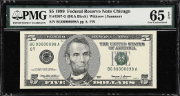 Fr. 1987-G. 1999 $5 Federal Reserve Note. Chicago. PMG Gem Uncirculated 65 EPQ.

Serial number 98.

Estimate: $100.00- $150.00