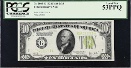 Fr. 2003-G. 1928C $10 Federal Reserve Note. Chicago. PCGS Currency About New 53 PPQ.

A scarcer 1928C light green seal note.

Estimate: $100.00- $...