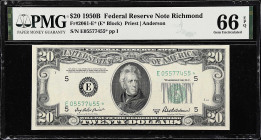 Fr. 2061-E*. 1950B $20 Federal Reserve Star Note. Richmond. PMG Gem Uncirculated 66 EPQ.

An elusive 1950B series $20 replacement from the Richmond ...