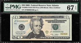 Fr. 2095-FSOI. 2009 $20 Federal Reserve Note. Atlanta. PMG Superb Gem Uncirculated 67 EPQ.

SOI Press. Superb Gem. Serial number 49.

Estimate: $1...