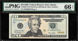 Fr. 2095-FSOI. 2009 $20 Federal Reserve Note. Atlanta. PMG Gem Uncirculated 66 EPQ.

Nearly Gem. SOI Press. Serial number 75.

Estimate: $100.00- ...