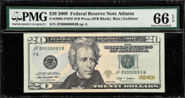 Fr. 2095-FSOI. 2009 $20 Federal Reserve Note. Atlanta. PMG Gem Uncirculated 66 EPQ.

SOI Press. Gem. Serial number 93.

Estimate: $100.00- $150.00