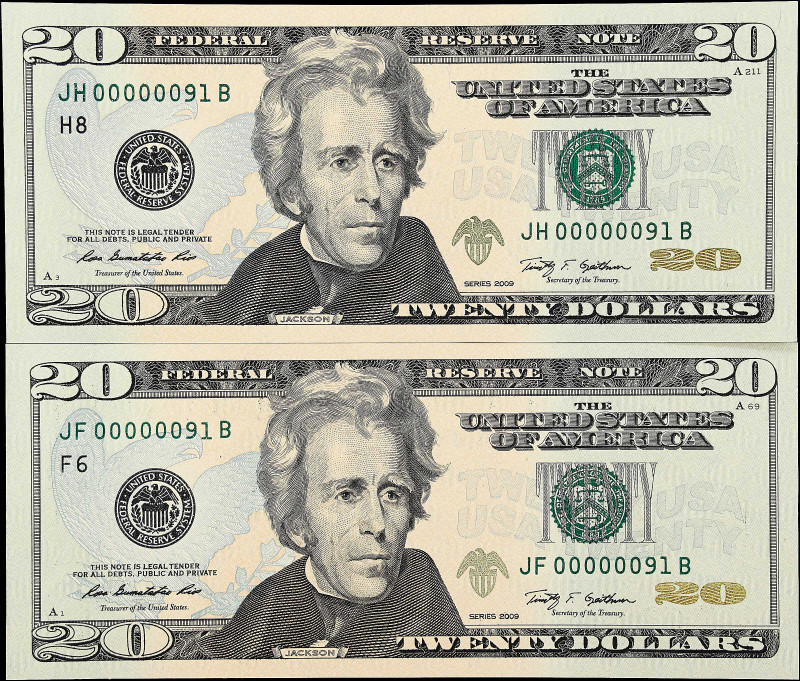 Lot of (2). Fr. 2095-F & 2095-H. 2009 $20 Federal Reserve Note. Gem Uncirculated...