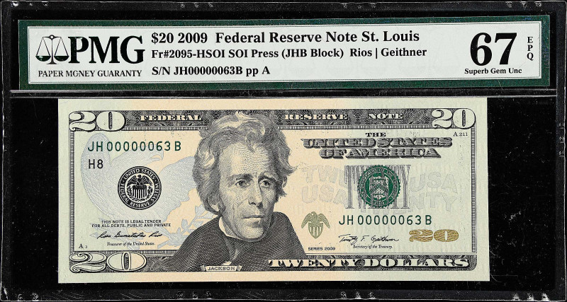 Fr. 2095-HSOI. 2009 $20 Federal Reserve Note. St. Louis. PMG Superb Gem Uncircul...