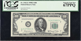 Fr. 2162-G. 1950E $100 Federal Reserve Note. Chicago. PCGS Currency Superb Gem New 67 PPQ.

A monster Superb Gem example of this Chicago 1950E $100 ...