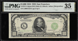 Fr. 2211-Ldgsm. 1934 $1000 Federal Reserve Note. San Francisco. PMG Choice Very Fine 35.

Dark green seal mule.

Estimate: $3600.00- $4200.00