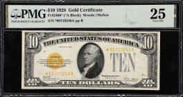 Fr. 2400*. 1928 $10 Gold Certificate Star Note. PMG Very Fine 25.

A key replacement type for collectors. PMG comments "Tear".

Estimate: $300.00-...