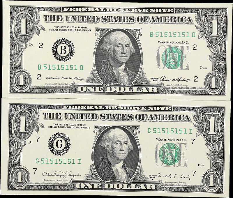 Lot of (2). Fr. 1913-B & 1916-G. 1985-88A $1 Federal Reserve Notes. Gem Uncircul...