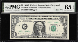 Fr. 1915-D. 1988A $1 Federal Reserve Note. Cleveland. PMG Gem Uncirculated 65 EPQ. Solid Serial Number.

Solid Serial Number D33333333A. Gem.

Est...
