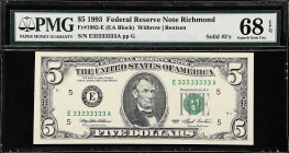 Fr. 1982-E. 1993 $5 Federal Reserve Note. Richmond. PMG Superb Gem Uncirculated 68 EPQ. Solid Serial Number.

Solid Serial Number E33333333A. Superb...