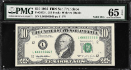 Fr. 2032-L. 1995 $10 Federal Reserve Note. San Francisco. PMG Gem Uncirculated 65 EPQ. Solid Serial Number.

Solid Serial Number L66666666B. Gem.
...