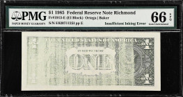 Lot of (3). Fr. 1913-E. 1985 $1 Federal Reserve Notes. Richmond. PMG Gem Uncirculated 65 EPQ & 66 EPQ. Insufficient Inking Errors.

A trio of insuff...