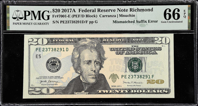 Fr. 7001-E. 2017A $20 Federal Reserve Note. Richmond. PMG Gem Uncirculated 66 EP...