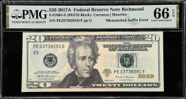 Fr. 7001-E. 2017A $20 Federal Reserve Note. Richmond. PMG Gem Uncirculated 66 EPQ. Mismatched Suffix Error.

Serial numbers PE23738291D and PE237382...