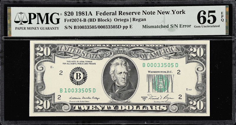Fr. 2074-B. 1981A $20 Federal Reserve Note. New York. PMG Gem Uncirculated 65 EP...