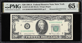 Fr. 2074-B. 1981A $20 Federal Reserve Note. New York. PMG Gem Uncirculated 65 EPQ. Mismatched Serial Number Error.

Serial numbers B10033505D and B0...
