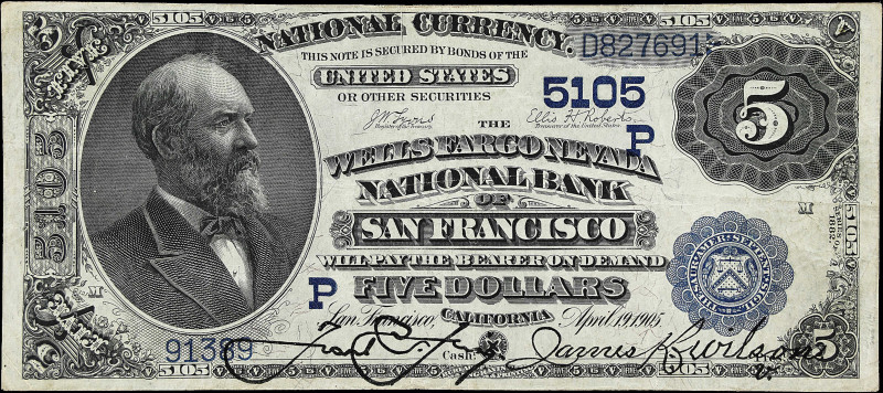 San Francisco, California. $5 1882 Date Back. Fr. 537. The Wells Fargo Nevada NB...
