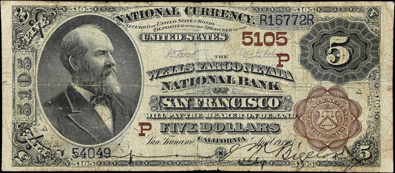 San Francisco, California. $5 1882 Brown Back. Fr. 477. The Wells Fargo Nevada N...