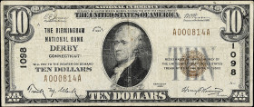 Birmingham, Connecticut. $10 1929 Ty. 1. Fr. 1801-1. The Birmingham NB. Charter #1098. Very Fine. 

Pinholes. Edge wear.

Estimate: $100.00- $150....