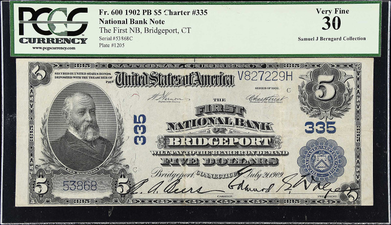 Bridgeport, Connecticut. $5 1902 Plain Back. Fr. 600. The First NB. Charter #335...