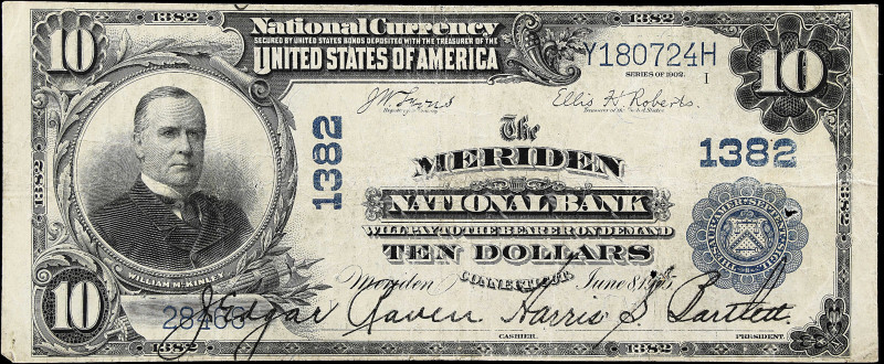 Meriden, Connecticut. $10 1902 Plain Back. Fr. 624. The Meriden NB. Charter #138...