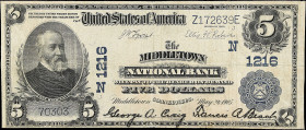 Middletown, Connecticut. $5 1902 Plain Back. Fr. 598. The Middletown NB. Charter #1216. Very Fine. 

Tears. Internal tear.

Estimate: $100.00- $15...