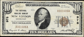 New London, Connecticut. $10 1929 Ty. 1. Fr. 1801-1. The National Whaling Bank. Charter #978. Very Fine. 

A popular New England issuer.

Estimate...