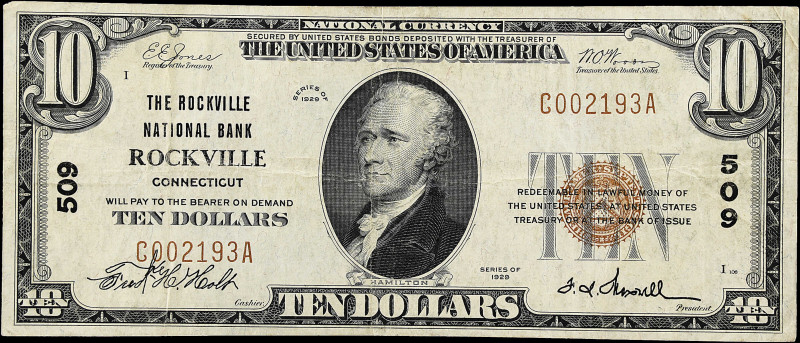Rockville, Connecticut. $10 1929 Ty. 1. Fr. 1801-1. The Rockville NB. Charter #5...