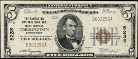 Torrington, Connecticut. $5 1929 Ty. 1. Fr. 1800-1. The Torrington NB. Charter #5235. Very Fine. 

Internal tear.

Estimate: $80.00- $120.00