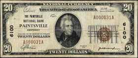 Paintsville, Kentucky. $20 1929 Ty. 1. Fr. 1802-1. The Paintsville NB. Charter #6100. Fine. 

Serial number 31. Fine condition.

Estimate: $100.00...