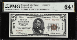 Oakland, Maryland. $5 1929 Ty. 2. Fr. 1800-2. The Garrett NB. Charter #13776. PMG Choice Uncirculated 64 EPQ. 

Nearly Gem.

Estimate: $200.00- $3...