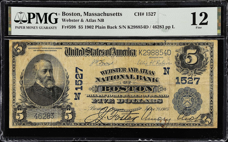 Boston, Massachusetts. $5 1902 Plain Back. Fr. 598. Webster & Atlas NB. Charter ...