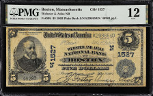 Boston, Massachusetts. $5 1902 Plain Back. Fr. 598. Webster & Atlas NB. Charter #1527. PMG Fine 12.

PMG comments "Stains, Rust".

From the Cartwr...