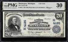 Muskegon, Michigan. $20 1902 Plain Back. Fr. 652. The Union NB. Charter #4125. PMG Very Fine 30.

This $20 offers gray stamped signatures on bright ...
