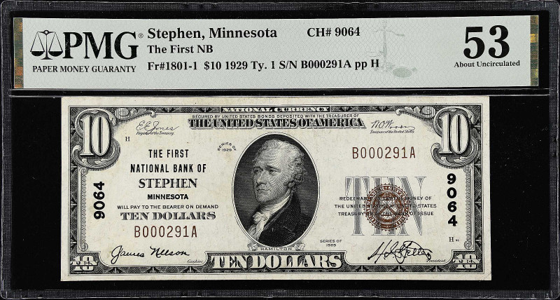 Stephen, Minnesota. $10 1929 Ty. 1. Fr. 1801-1. The First NB. Charter #9064. PMG...