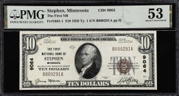 Stephen, Minnesota. $10 1929 Ty. 1. Fr. 1801-1. The First NB. Charter #9064. PMG About Uncirculated 53. 

A popular Minnesota issuer to acquire, esp...