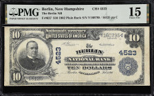 Berlin, New Hampshire. $10 1902 Plain Back. Fr. 627. The Berlin NB. Charter #4523. PMG Choice Fine 15.

A sought after city name to acquire notes fr...