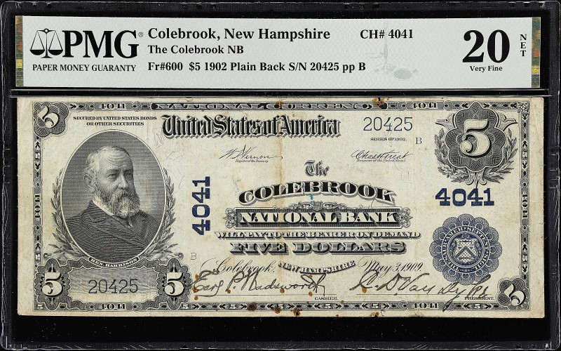 Colebrook, New Hampshire. $5 1902 Plain Back. Fr. 600. The Colebrook NB. Charter...