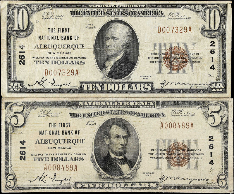 Lot of (2). Albuquerque, New Mexico. $5 & $10 1929 Ty. 1. Fr. 1800-1 & 1801-1. T...