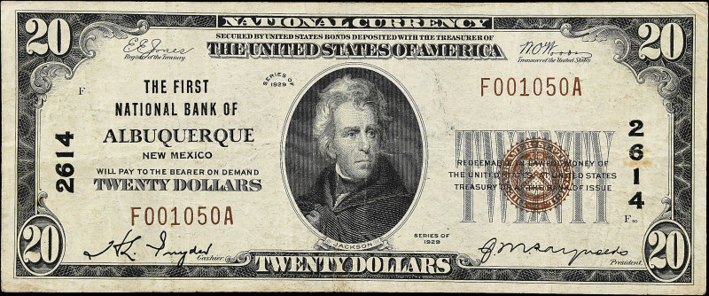 Albuquerque, New Mexico. $20 1929 Ty. 1. Fr. 1802-1. The First NB. Charter #2614...