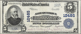 Albuquerque, New Mexico. $5 1902 Plain Back. Fr. 609. Albuquerque NT & SB. Charter #12485. Very Fine.

This note comes from the second title for the...