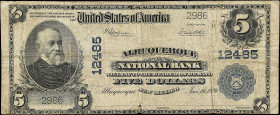 Albuquerque, New Mexico. $5 1902 Plain Back. Fr. 609. Albuquerque NB. Charter #12485. Fine. 

Tears. Internal tears. Edge wear. Rust.

Estimate: $...