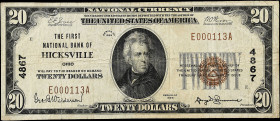 Hicksville, Ohio. $20 1929 Ty. 1. Fr. 1802-1. The First NB. Charter #4867. Fine. 

Offered in Fine condition.

Estimate: $100.00- $150.00
