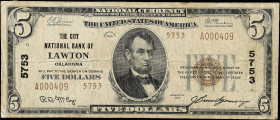 Lawton, Oklahoma. $5 1929 Ty. 2. Fr. 1800-2. The City NB. Charter #5753. Fine.

Stain.

Estimate: $100.00- $150.00