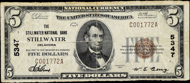 Stillwater, Oklahoma. $5 1929 Ty. 1. Fr. 1800-1. The Stillwater NB. Charter #534...