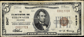 Stillwater, Oklahoma. $5 1929 Ty. 1. Fr. 1800-1. The Stillwater NB. Charter #5347. Fine. 

Edge wear. Tears. Foreign substance/staining on back.

...